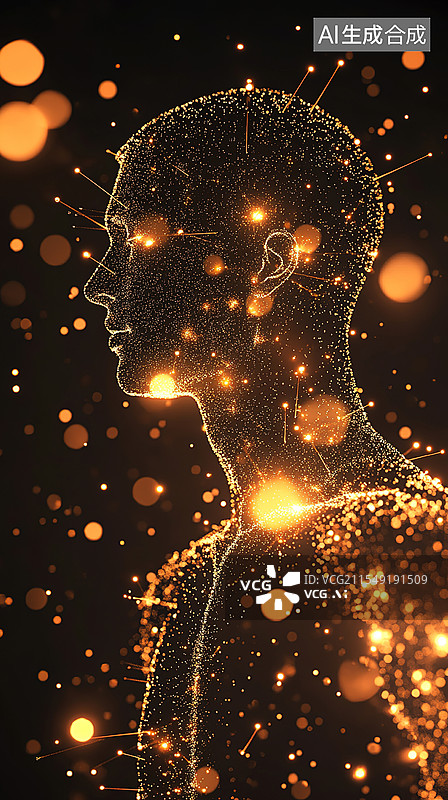 【AI数字艺术】抽象针灸铜人中国国医节极简线条艺术蓝金流动粒子填充轮廓哑光灰背景上点缀发光穴位海报图片素材
