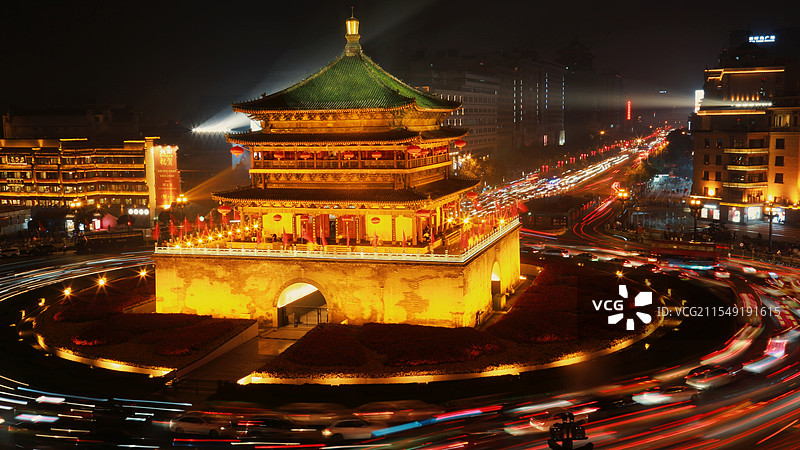 西安钟楼全景，西安旅游，车流，钟楼，建筑，旅游景点图片素材
