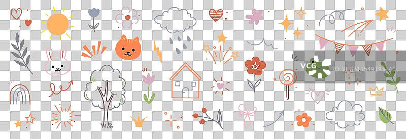 可爱的儿童图标元素，线条花朵、云朵和心形图片素材