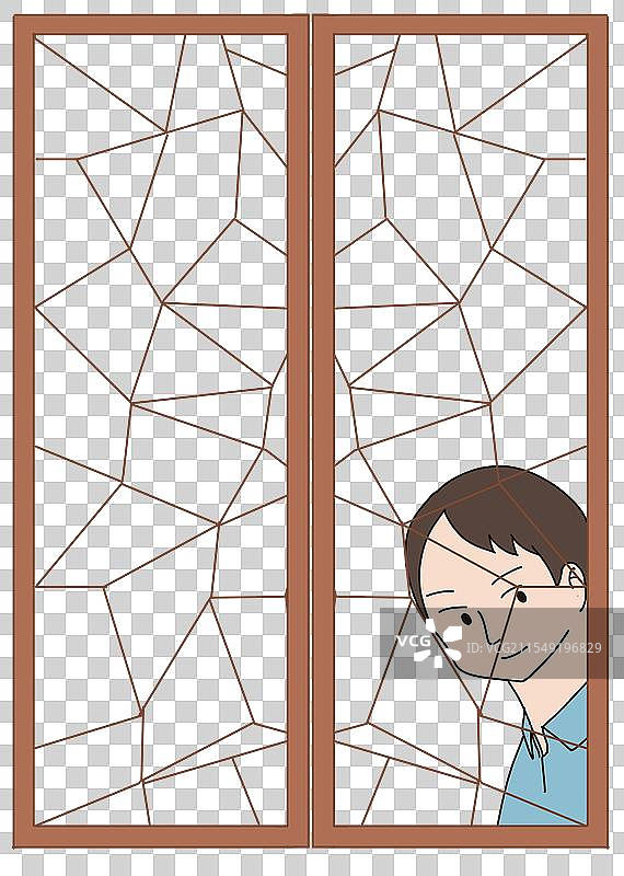中国传统窗户院子庭院木质结构男孩观看静悄悄人物素材卡通幽默搞笑卡通插画图片素材