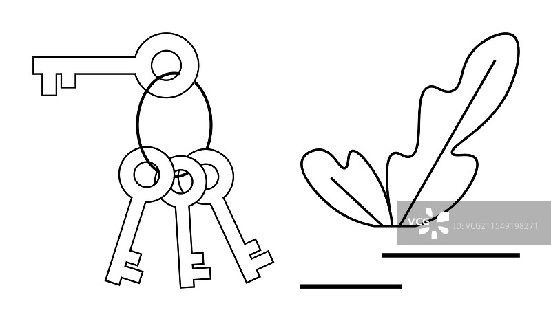 钥匙和叶子的极简扁平线条艺术图片素材
