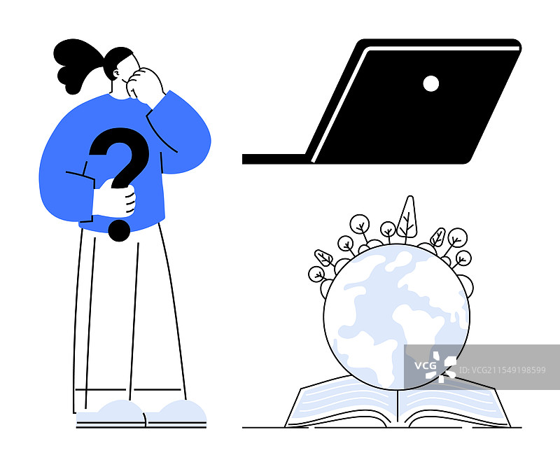 思考的人、笔记本电脑和一个打开的地球仪图片素材