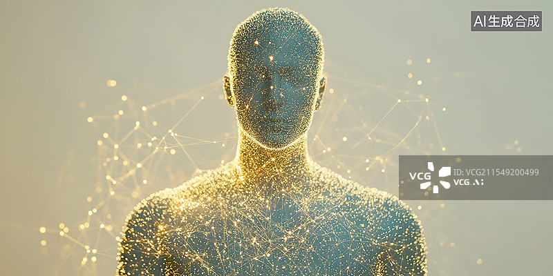 【AI数字艺术】中国国医节主题浅黄色背景极简针灸铜人与流动蓝金粒子效果发光穴位象征能量流动古法医疗图片素材