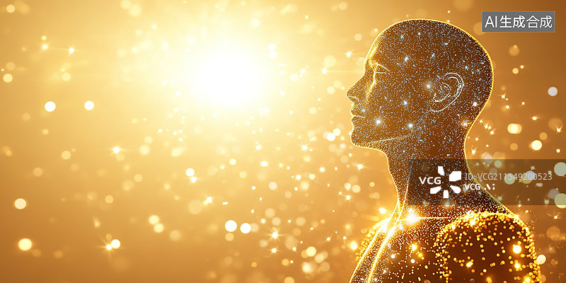 【AI数字艺术】中国国医节主题浅黄色背景极简针灸铜人与流动蓝金粒子效果发光穴位象征能量流动古法医疗图片素材