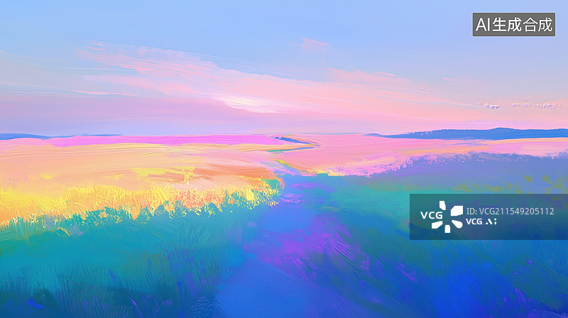 【AI数字艺术】印象派梦幻霞光下橘黄色蓝色的原野道路手绘水彩插画图片素材