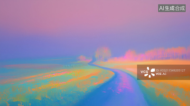 【AI数字艺术】印象派梦幻霞光下橘黄色蓝色的原野道路手绘水彩插画图片素材