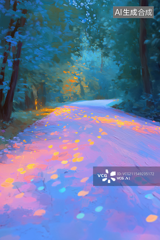 【AI数字艺术】印象派梦幻霞光下橘黄色蓝色的原野道路手绘水彩插画图片素材