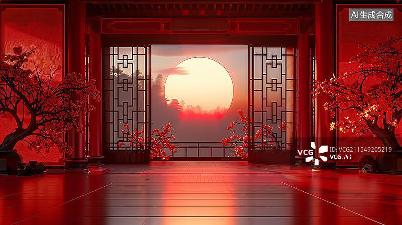 【AI数字艺术】东方意境的红韵禅境  窗外的诗意夕阳图片素材