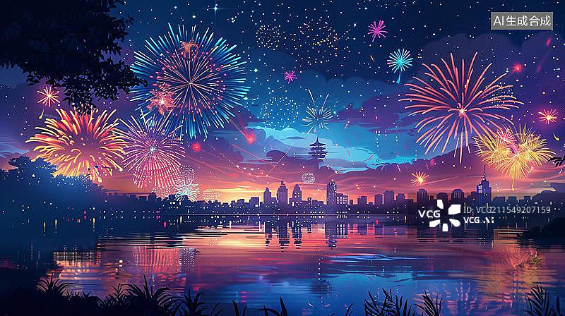【AI数字艺术】绚烂烟火下的城市夜景  湖畔烟花绽放的梦幻之夜图片素材