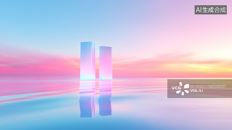 【AI数字艺术】3D渐变创意湖面上的高楼建筑图片素材