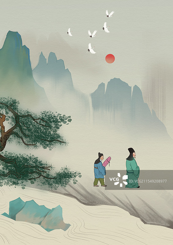 中国风新中式古风古典传统文化诗情画意诗词歌赋古诗唐诗世外桃源桃花源隐居退休生活资讯插画图片素材