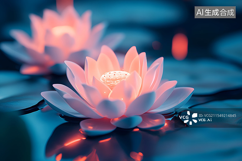 【AI数字艺术】魔法发光睡莲在水塘中美丽盛开的特写插图图片素材