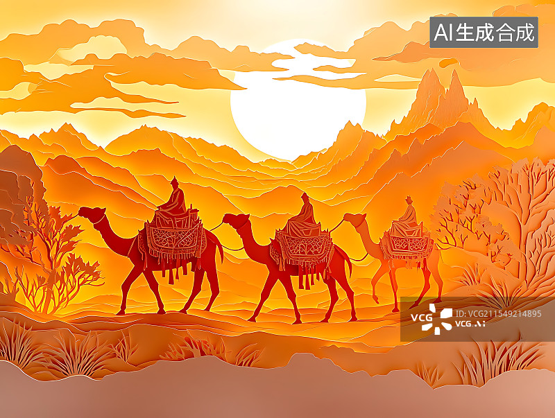 【AI数字艺术】沙漠中的骆驼商队丝绸之路贸易概念图片素材