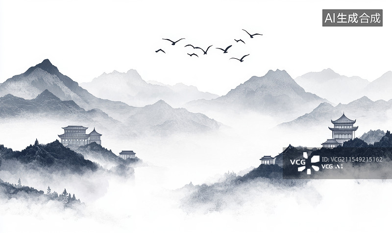 【AI数字艺术】黑白意境中式山脉风光图片素材