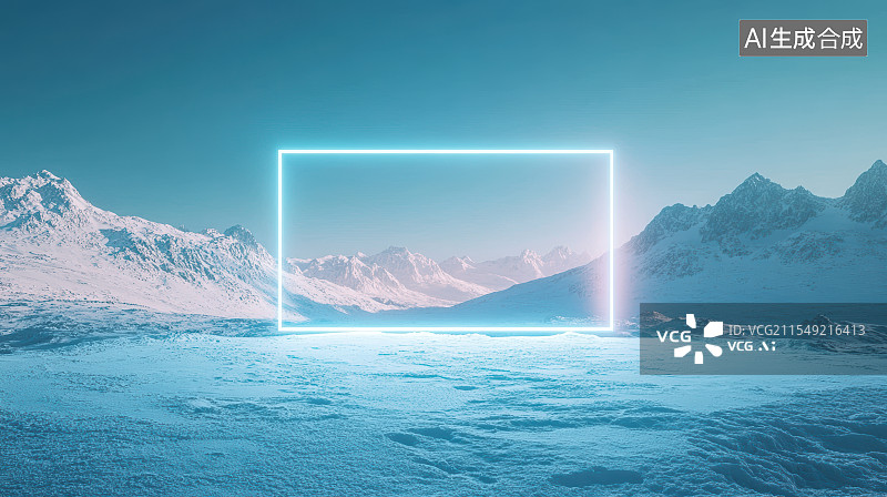 【AI数字艺术】冬季雪景自然风光与发光长方形线框科技概念图片素材