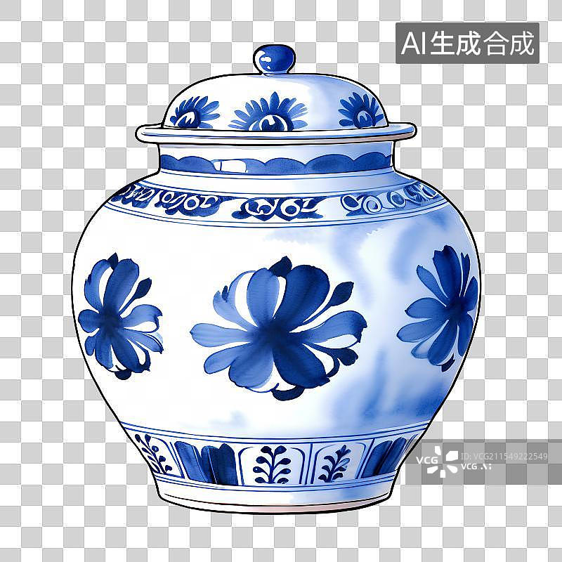 【AI数字艺术】国风手绘插画，青花瓷摆件，茶叶罐，陶瓷坛子，免抠元素图片素材