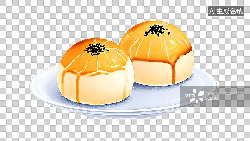 【AI数字艺术】国风手绘插画，盘子里的中式传统点心，馅饼，蛋黄酥，月饼，下午茶甜点小吃，免抠元素图片素材