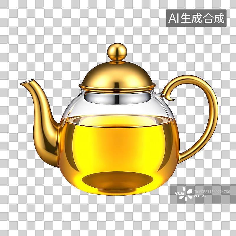【AI数字艺术】3D渲染，华丽的金属玻璃茶壶，茶具，茶道，茶文化，下午茶免抠元素图片素材