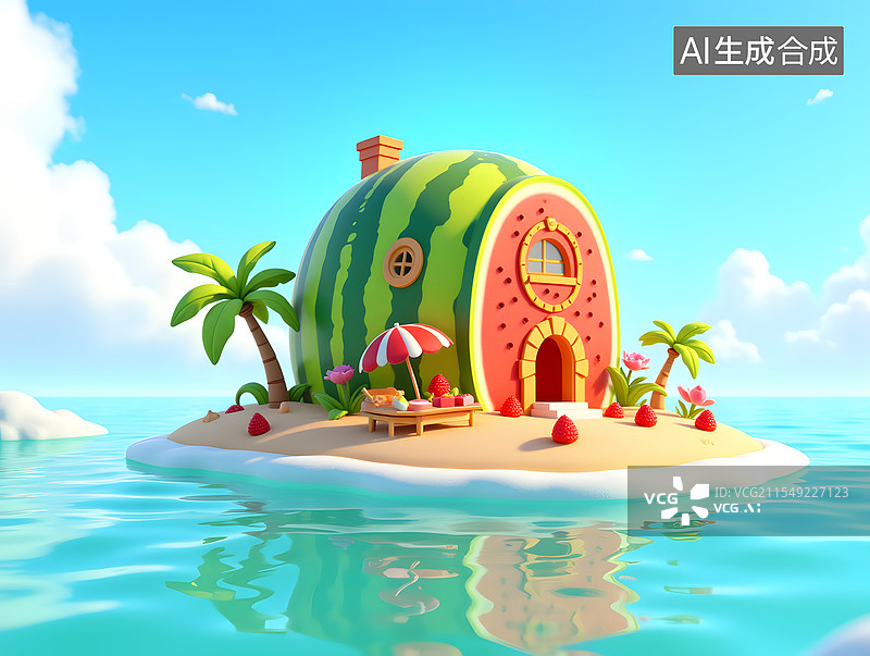 【AI数字艺术】夏至节气的3D西瓜屋插画图片素材