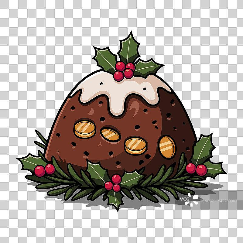 圣诞蛋糕上装饰着冬青浆果和叶子图片素材