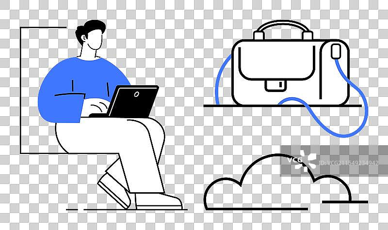 远程工作者手持笔记本电脑、公文包和云图标图片素材