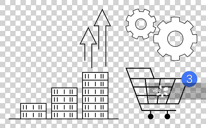 带箭头的增长柱状图，齿轮和购物元素图片素材