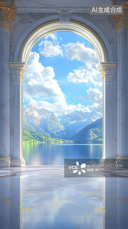 【AI数字艺术】白雪皑皑的群山映衬下的湖景图片素材