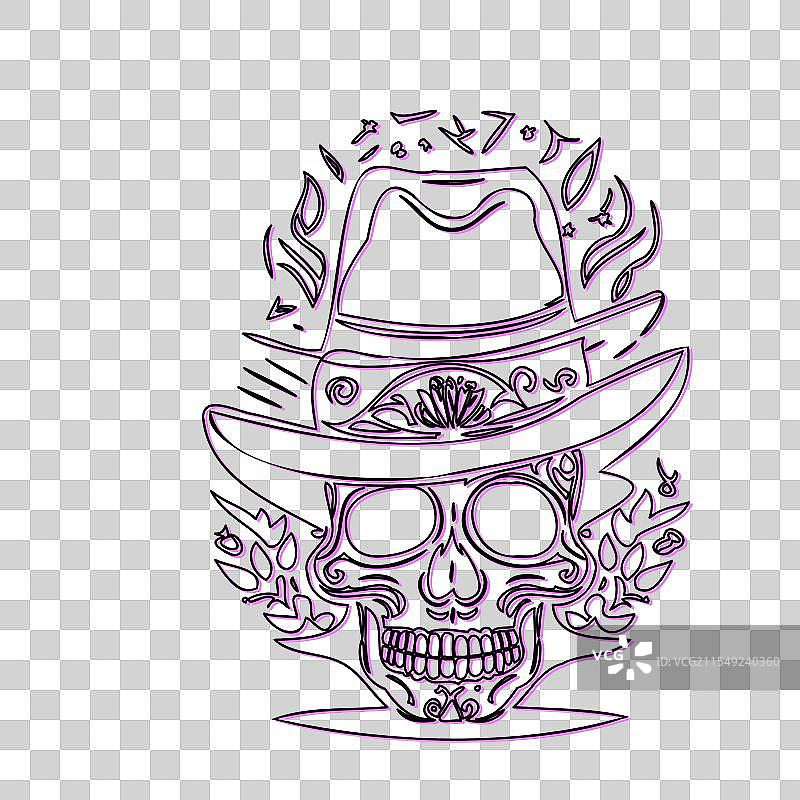 带牛仔帽的糖骷髅纹身设计图片素材