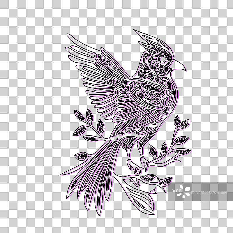 复杂线条艺术的红雀栖息在树枝上图片素材