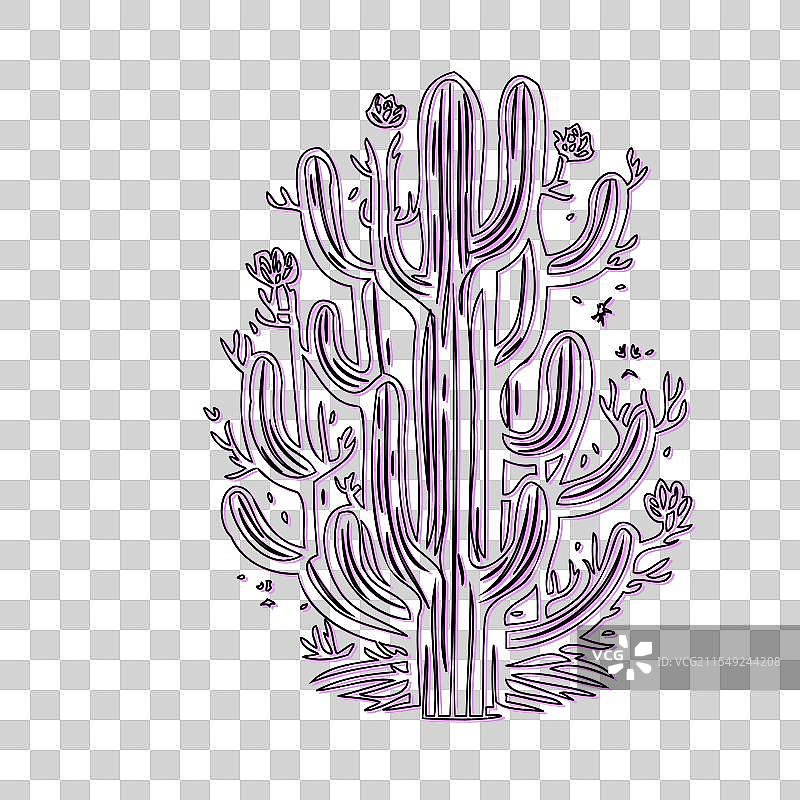 大型仙人掌的线条艺术，带有花朵图片素材