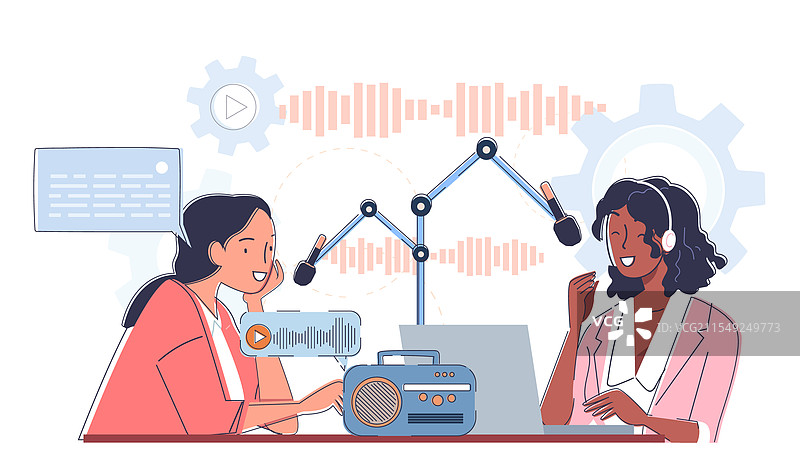 两位女性电台主持人手持麦克风交谈图片素材