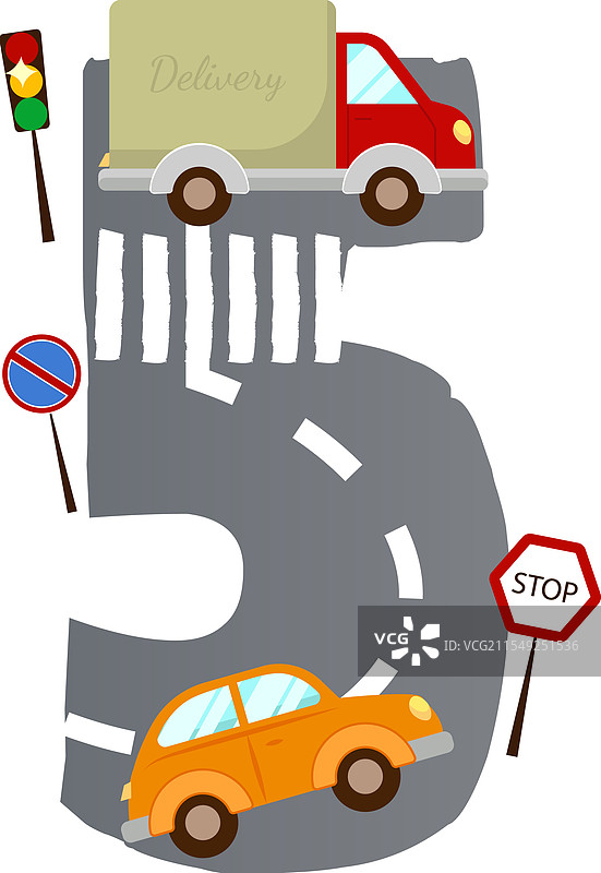 五辆车在道路上，适合儿童的数字游戏图片素材