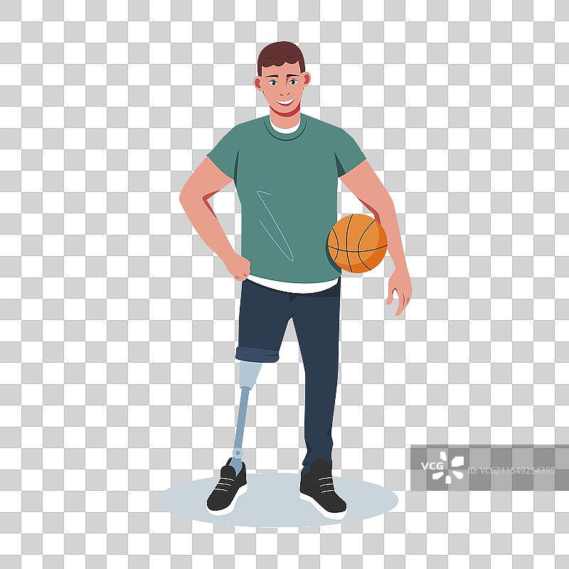 年轻男子手持篮球，佩戴假肢。图片素材