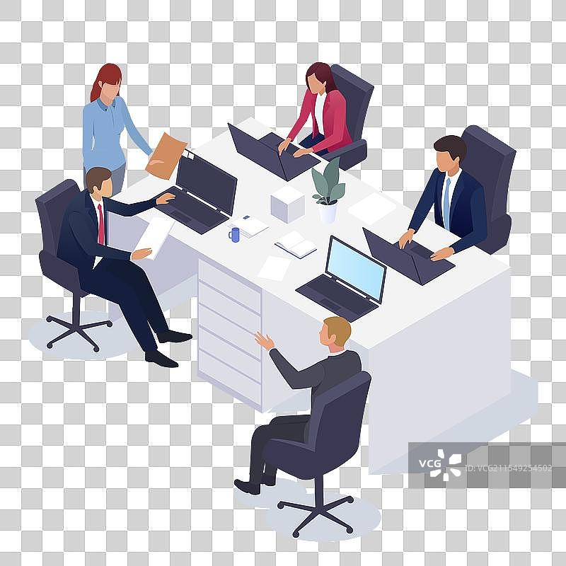 办公室内的团队会议，配有笔记本电脑和图片素材