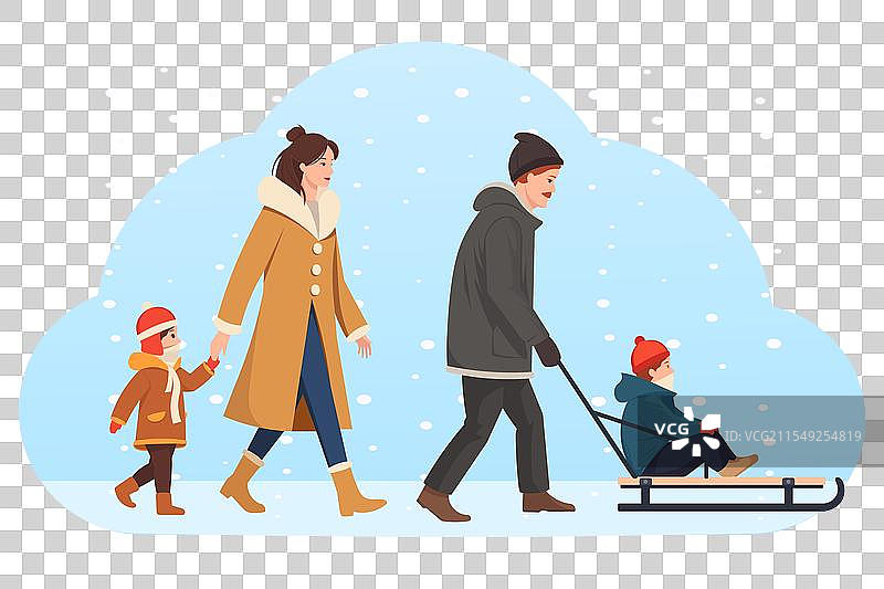 一家人在雪天享受冬季乐趣图片素材