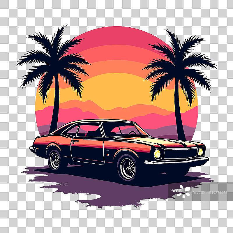 夕阳下的汽车与复古风格的棕榈树剪影图片素材