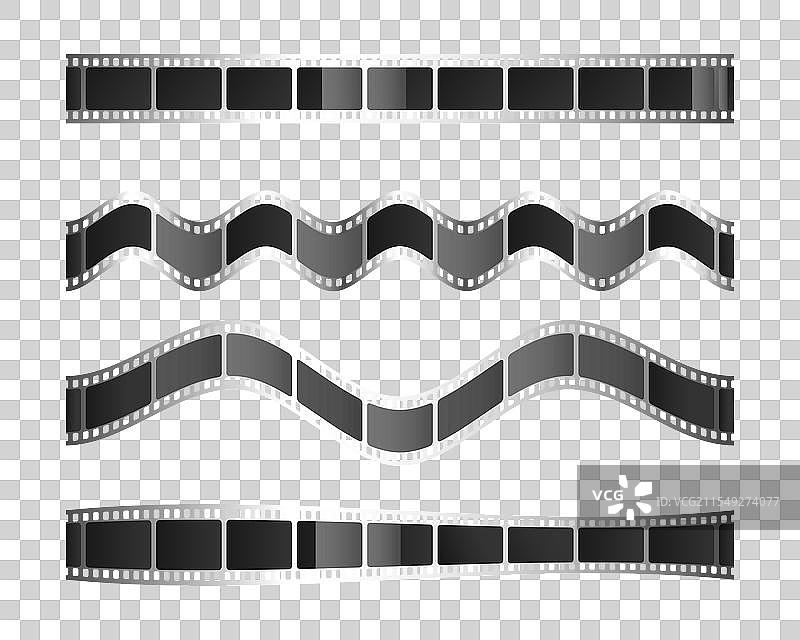 一组闪亮的胶卷条，弯曲且波浪形的胶卷图片素材