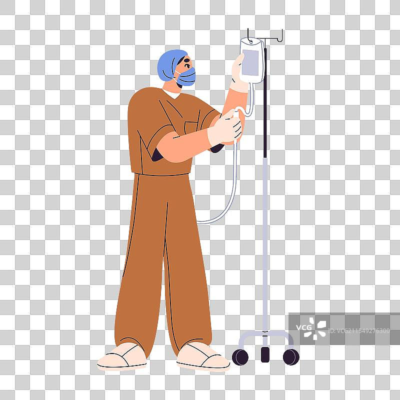 护士戴着防护口罩调整输液架上的输液器图片素材