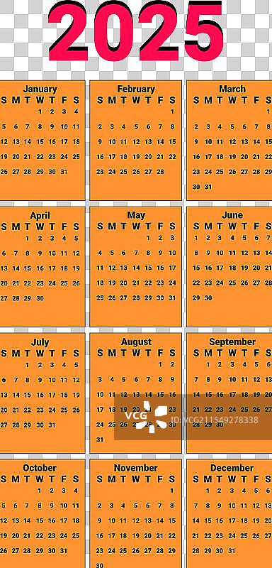 2025年日历，背景为橙色，每个月份都有独特设计图片素材