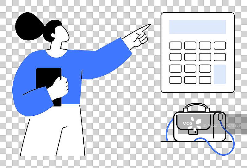 女人指着计算器屏幕，同时手里拿着它图片素材