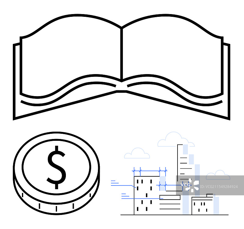 打开的书籍，书页上有美元符号和城市景观图片素材