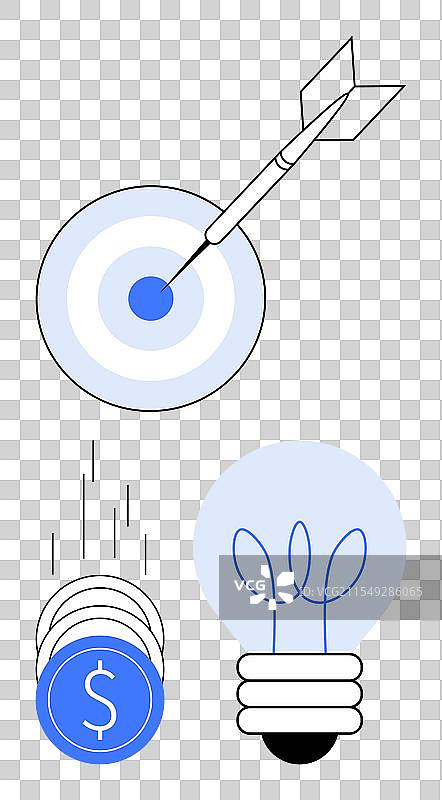 飞镖击中目标，掉落的硬币和灯泡图片素材
