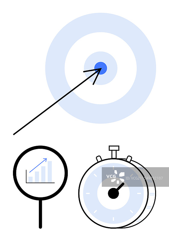 靶心、箭、秒表和放大镜图片素材