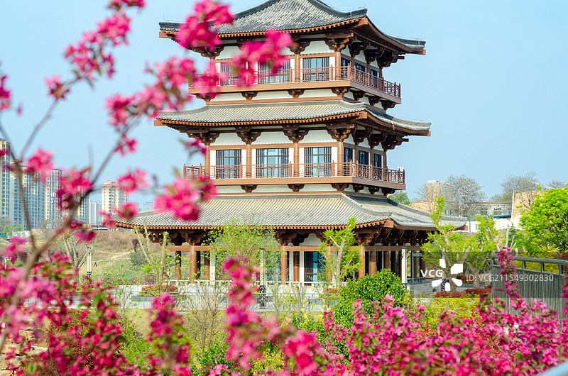 春天的渭南南湖公园的阁楼图片素材