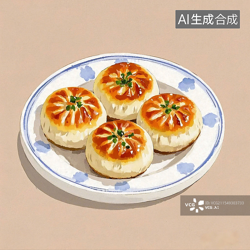 【AI数字艺术】水煎包传统小吃美食水彩水粉手绘插画图片素材