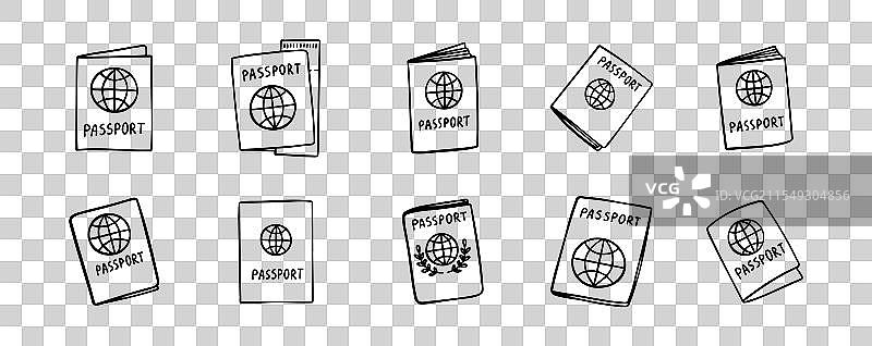 线性涂鸦手绘护照图标集图片素材