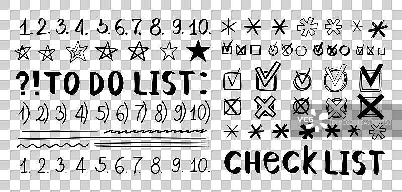 手绘涂鸦风格的检查清单和勾选标记图片素材