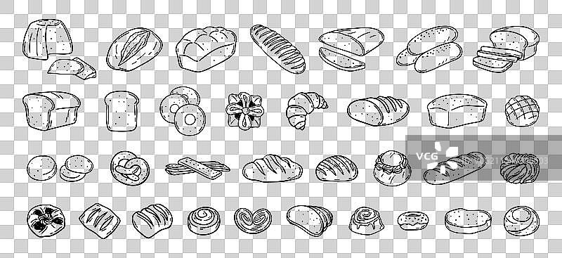 手绘面包不同类型的涂鸦轮廓图片素材