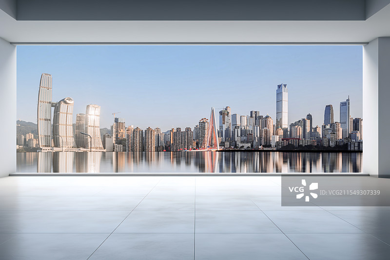 中国重庆城市风光和白色现代极简建筑平台图片素材