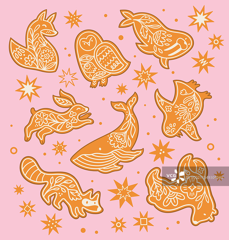 一组孤立的姜饼甜动物图片素材